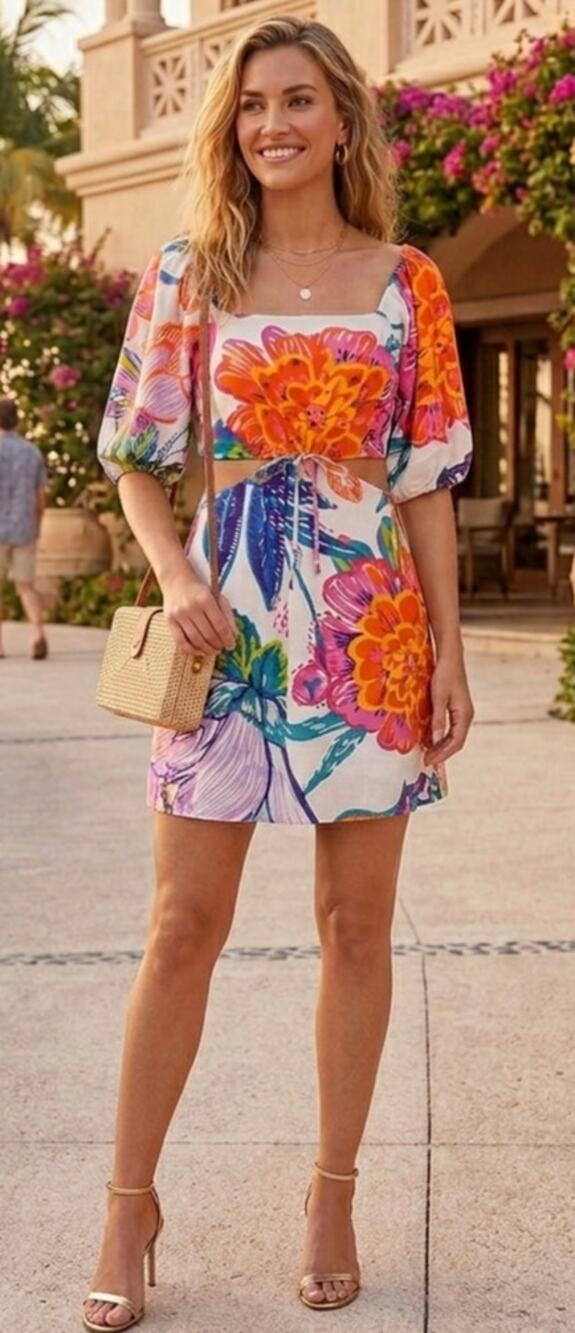 Walter Baker Nina Tropical Floral Mini Dress Square Neck Cozumel Sz 8